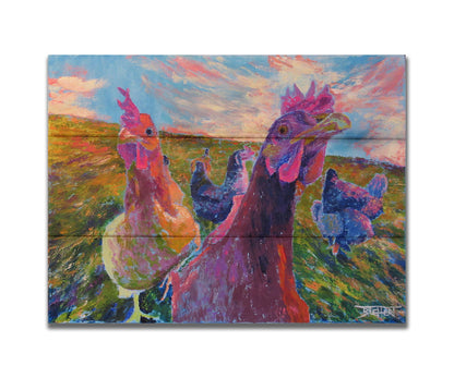 Colorful impressionist painting of chickens in a field with a vibrant sky. Printed on a box board.