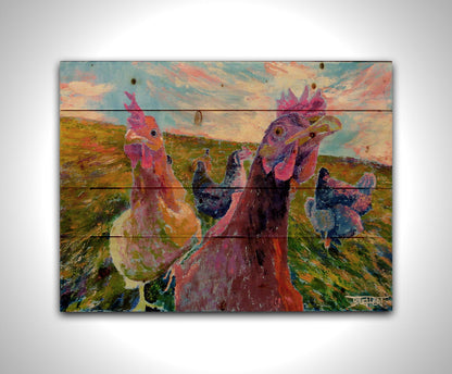 Colorful impressionist painting of chickens in a field with a vibrant sky. Printed on a wood pallet.