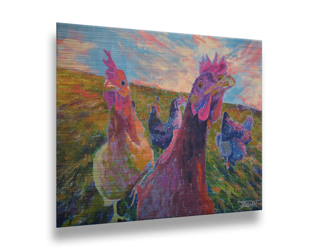 Colorful impressionist painting of chickens in a field with a vibrant sky. Printed on metal.