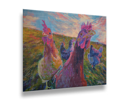 Colorful impressionist painting of chickens in a field with a vibrant sky. Printed on metal.