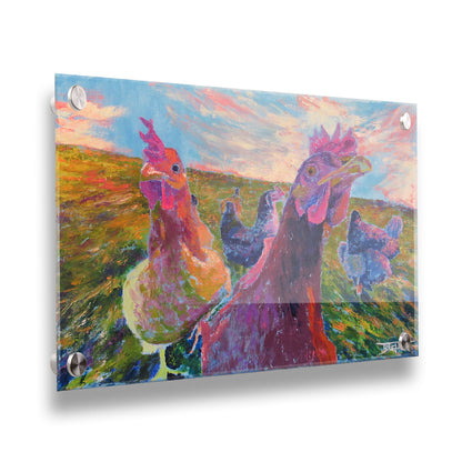 Colorful impressionist painting of chickens in a field with a vibrant sky. Printed on acrylic.