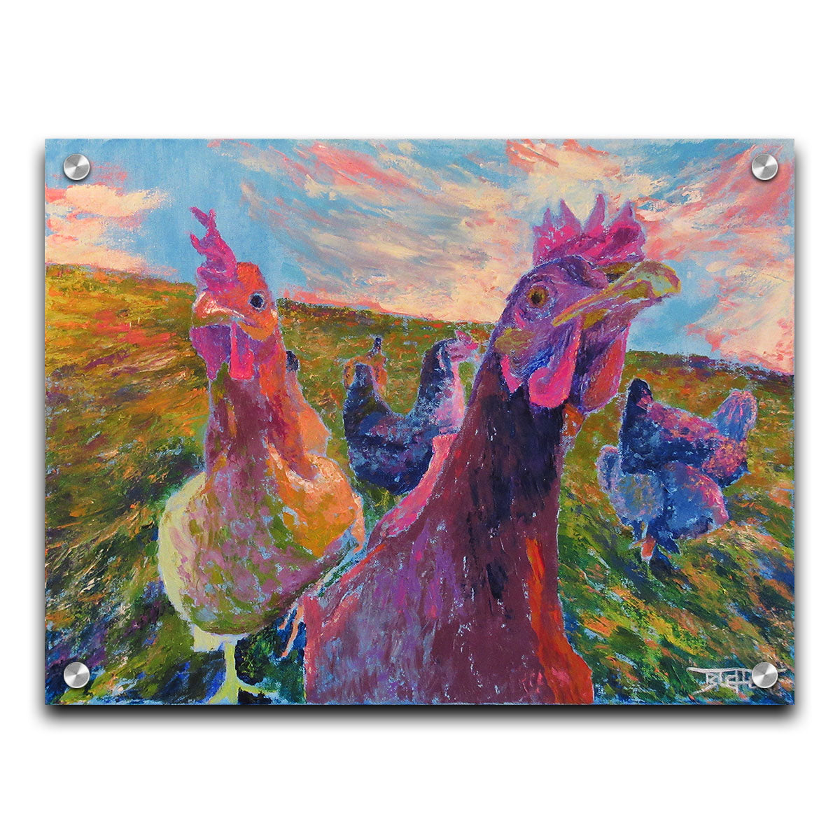Colorful impressionist painting of chickens in a field with a vibrant sky. Printed on acrylic.