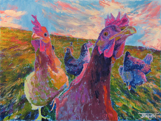Colorful impressionist painting of chickens in a field with a vibrant sky.
