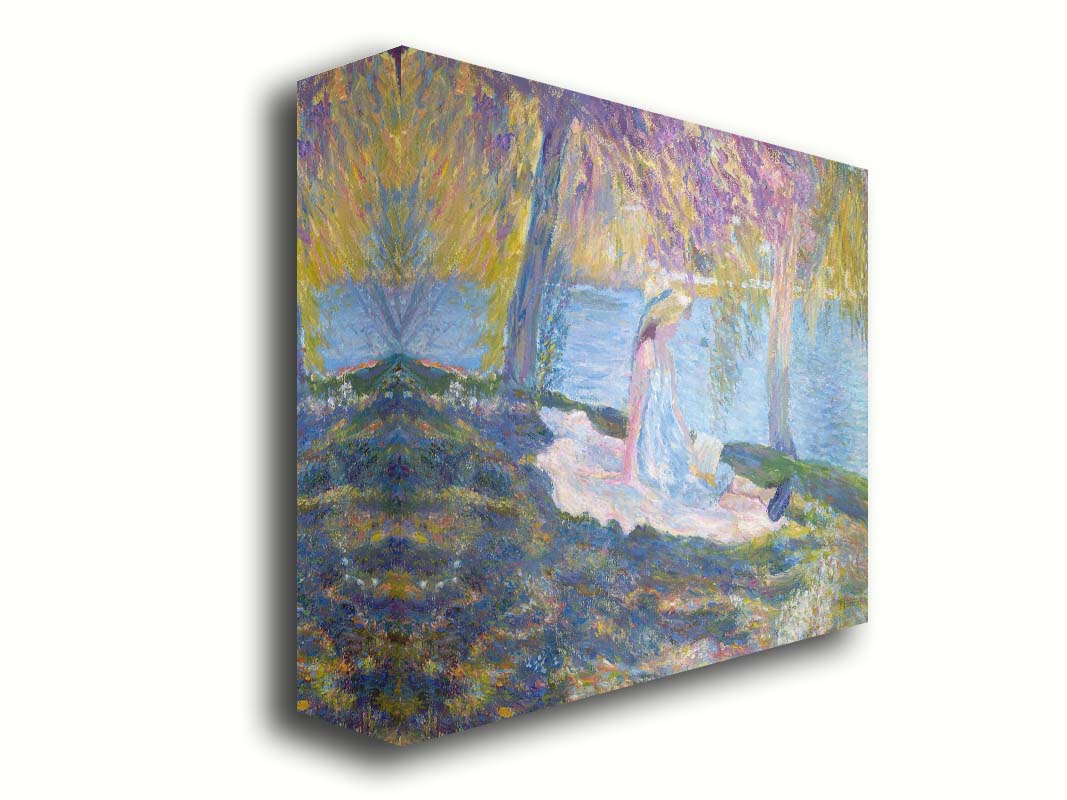 A painting of a person in a dress and sunhat, sitting on a blanket in the shade of trees by a lake, reading a book. Printed on canvas.