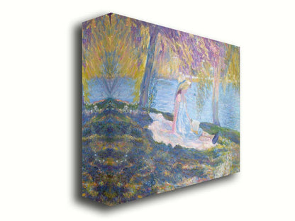 A painting of a person in a dress and sunhat, sitting on a blanket in the shade of trees by a lake, reading a book. Printed on canvas.