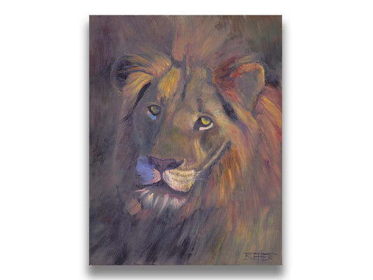 A portrait painting of a lion, accented with a soft gold light and purple shadows. Printed on canvas.