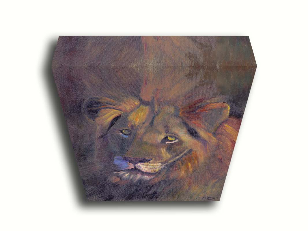 A portrait painting of a lion, accented with a soft gold light and purple shadows. Printed on canvas.