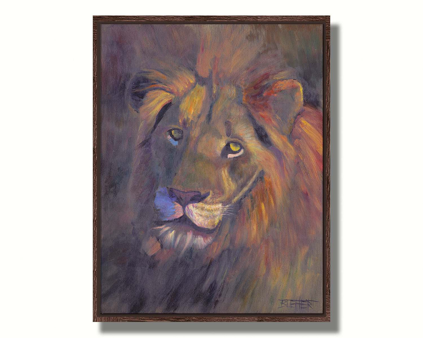 A portrait painting of a lion, accented with a soft gold light and purple shadows. Printed on canvas in a float frame.