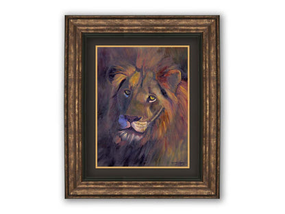 A portrait painting of a lion, accented with a soft gold light and purple shadows. Printed on paper, matted, and framed.