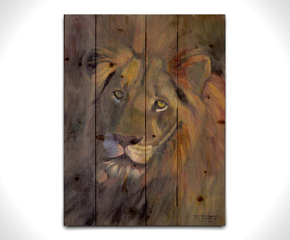 A portrait painting of a lion, accented with a soft gold light and purple shadows. Printed on a wood pallet.