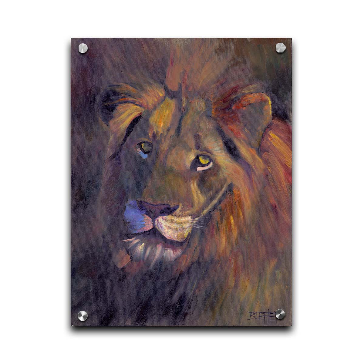 A portrait painting of a lion, accented with a soft gold light and purple shadows. Printed on acrylic.