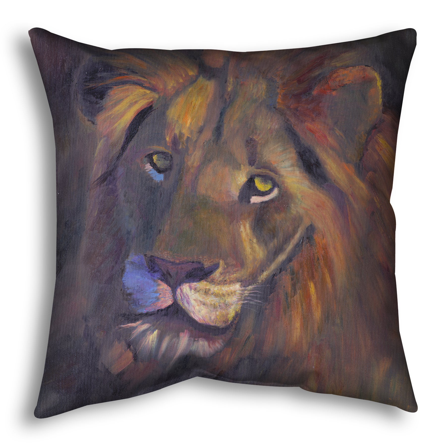 Square throw pillow designed with a portrait painting of a lion, accented with a soft gold light and purple shadows.
