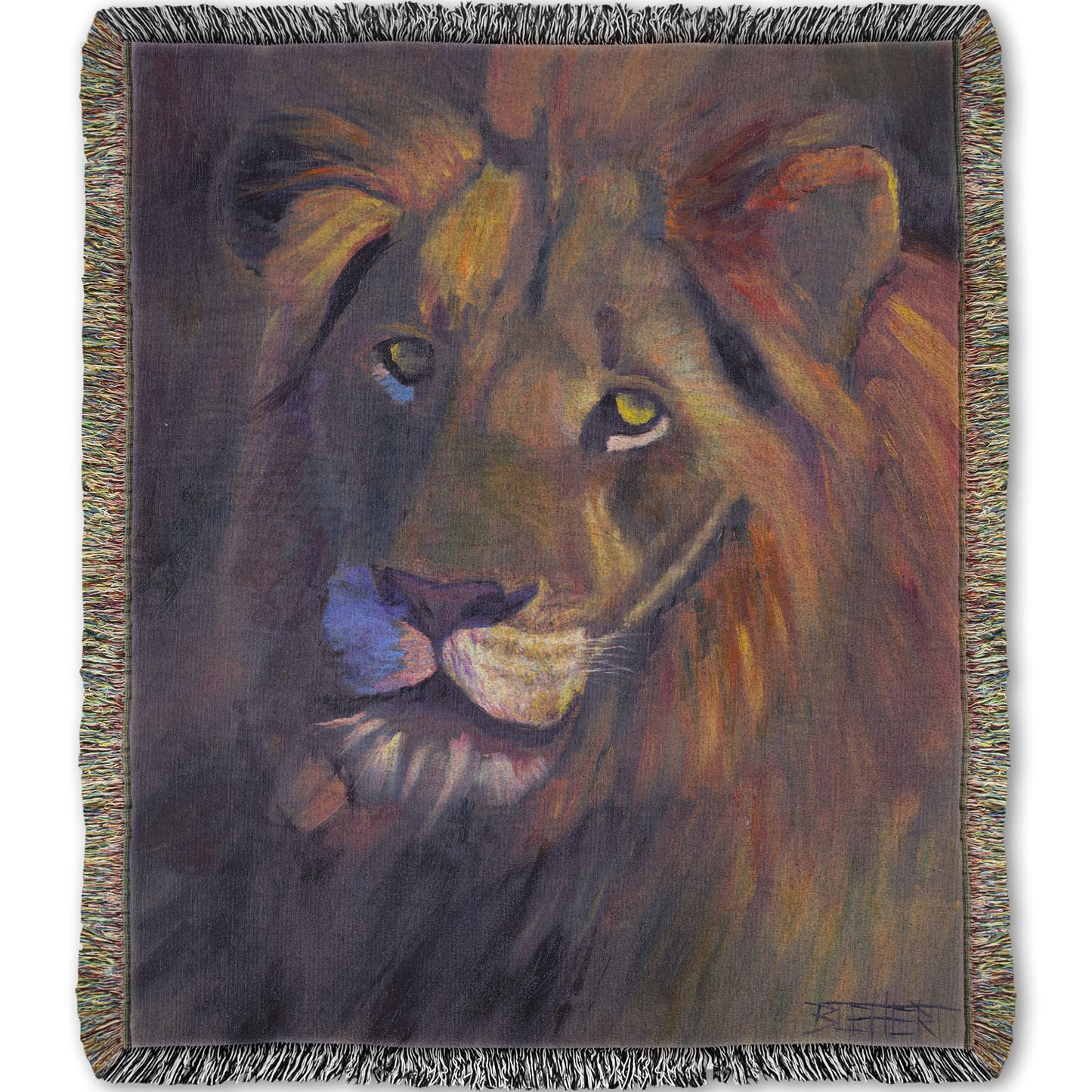 Woven throw blanket designed with a portrait painting of a lion, accented with a soft gold light and purple shadows.