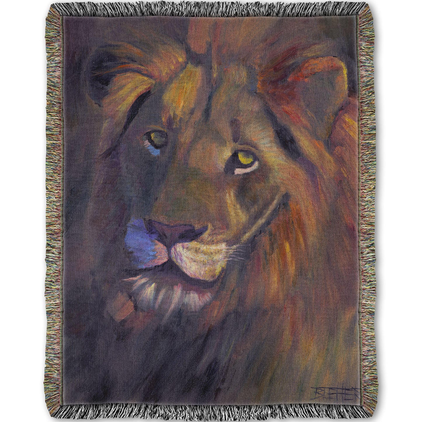 Woven throw blanket designed with a portrait painting of a lion, accented with a soft gold light and purple shadows.