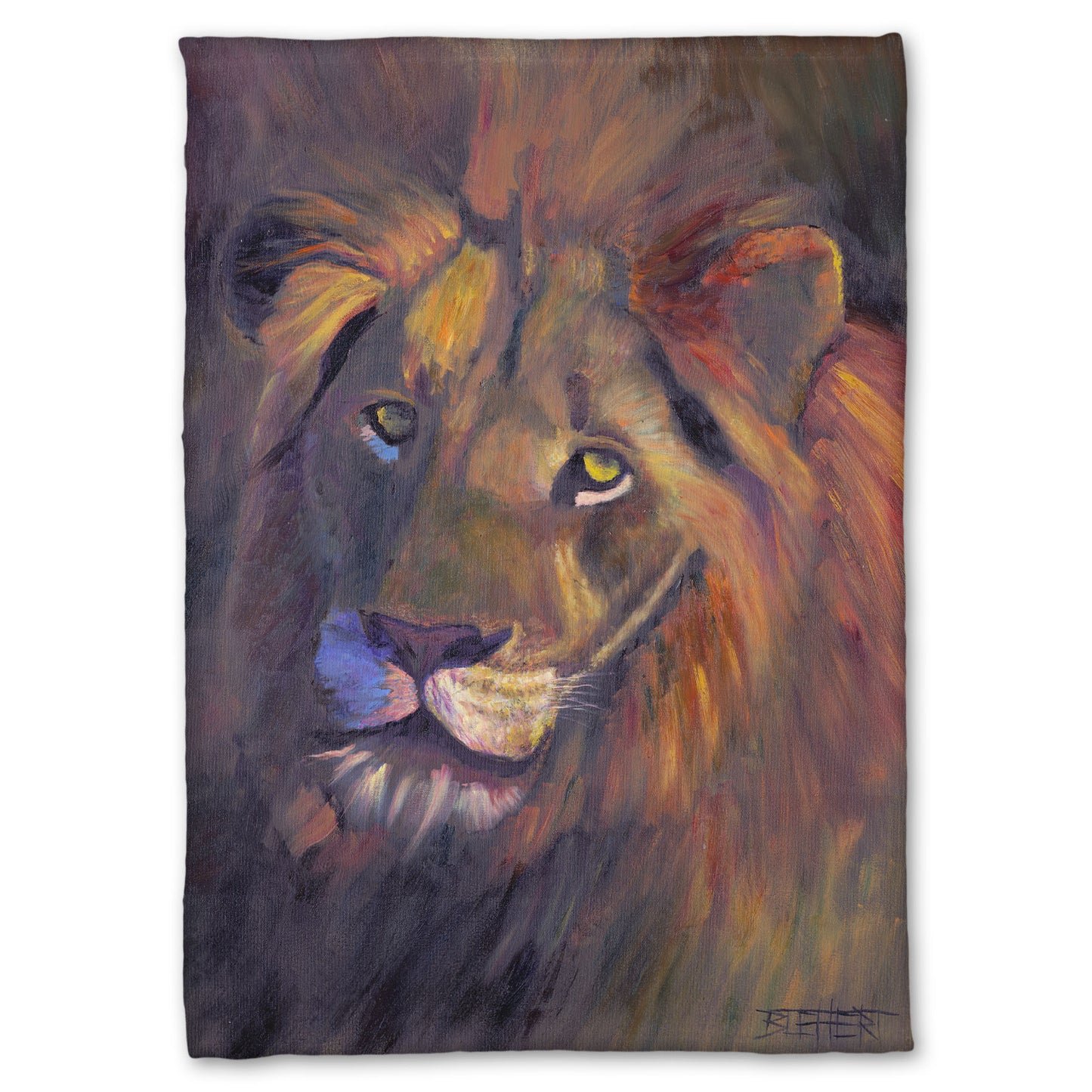 Fleece throw blanket designed with a portrait painting of a lion, accented with a soft gold light and purple shadows.