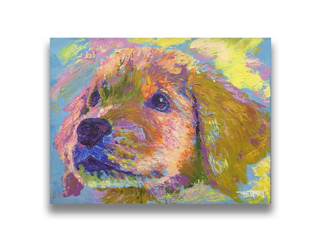 A painting of a golden retrieveer puppy close up. Printed on canvas.