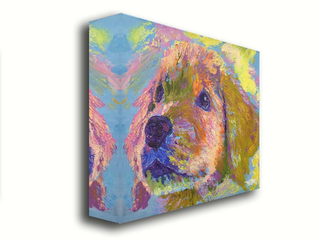 A painting of a golden retrieveer puppy close up. Printed on canvas.