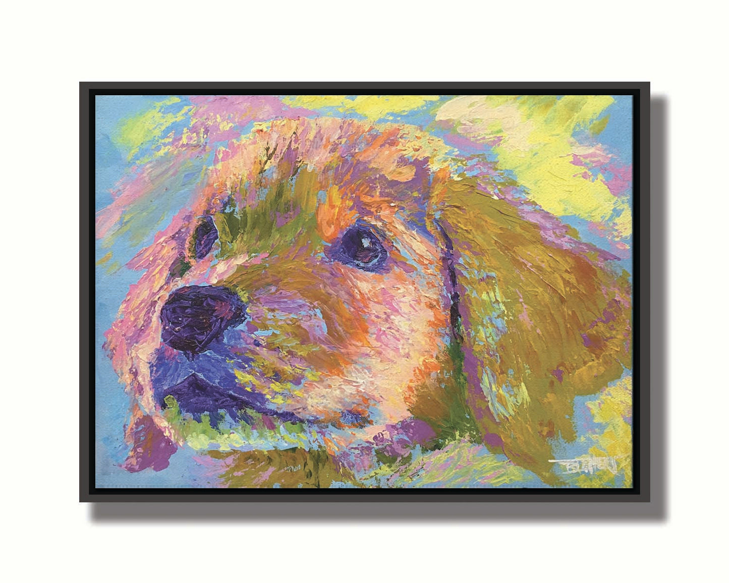 A painting of a golden retrieveer puppy close up. Printed on canvas in a float frame.