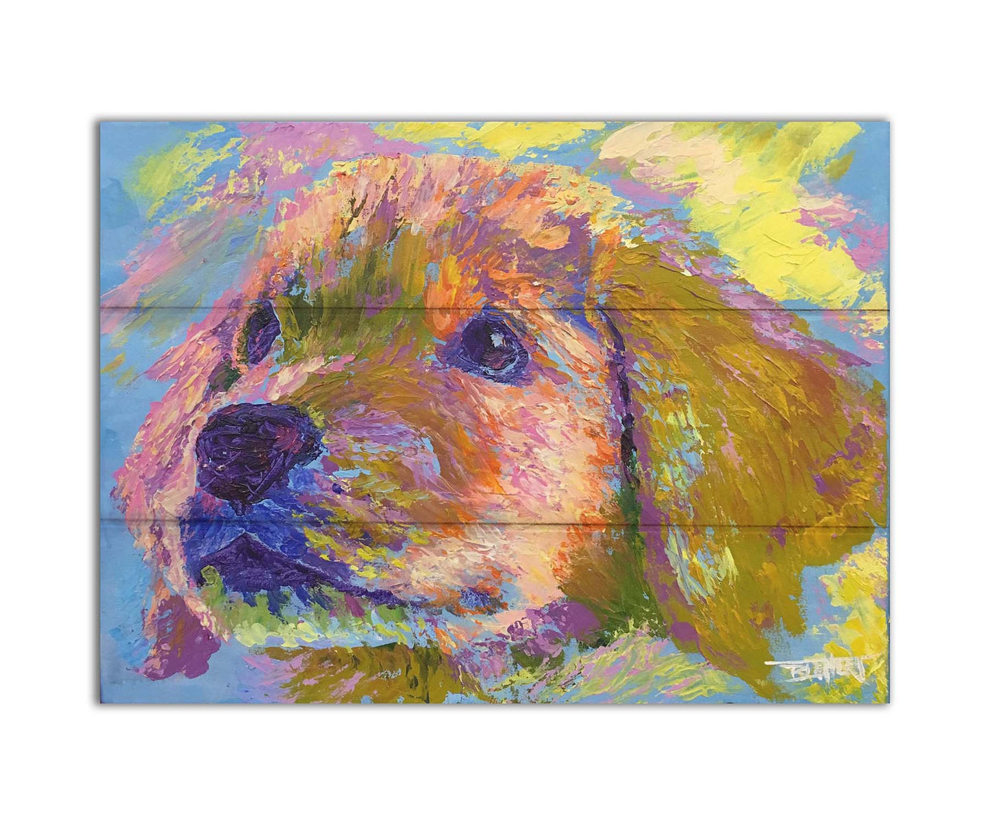 A painting of a golden retrieveer puppy close up. Printed on a box board.