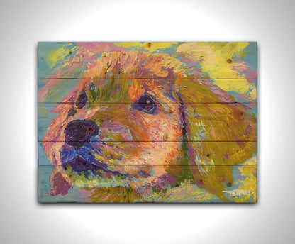 A painting of a golden retrieveer puppy close up. Printed on a wood pallet.