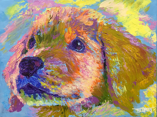A painting of a golden retriever puppy close up.