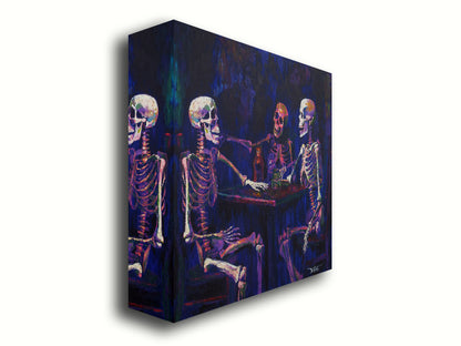 A colorful painting of skeletons sitting around a table, positioned as if having an expressive conversation. Printed on canvas.