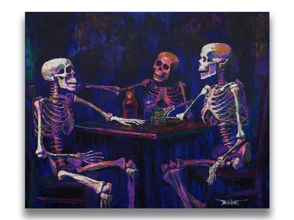 A colorful painting of skeletons sitting around a table, positioned as if having an expressive conversation. Printed on canvas.