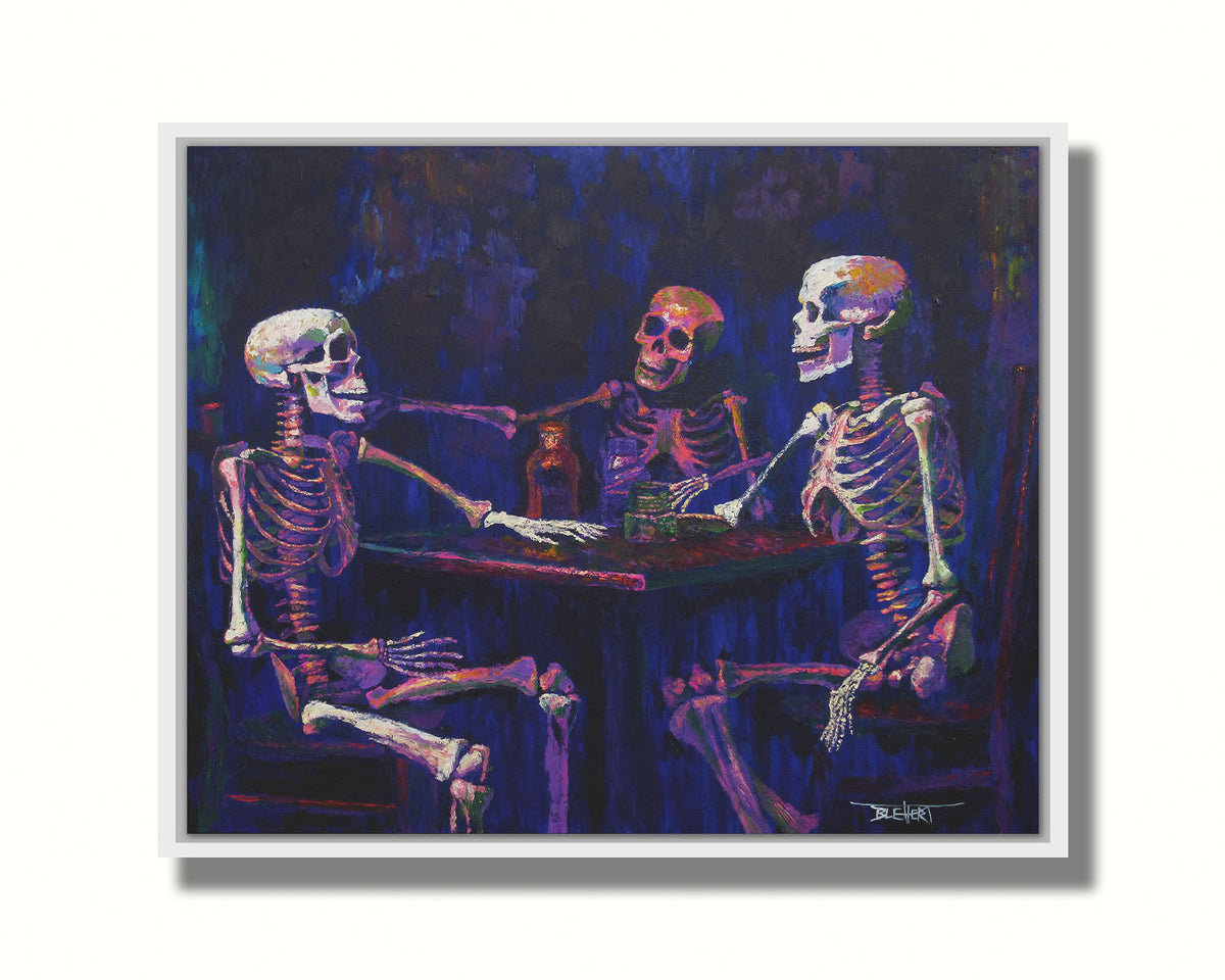 A colorful painting of skeletons sitting around a table, positioned as if having an expressive conversation. Printed on canvas in a float frame.