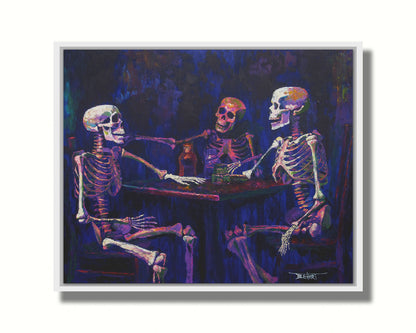 A colorful painting of skeletons sitting around a table, positioned as if having an expressive conversation. Printed on canvas in a float frame.