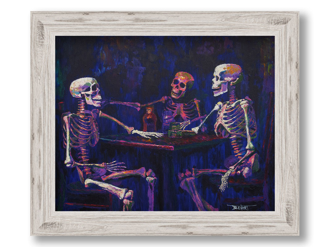 A colorful painting of skeletons sitting around a table, positioned as if having an expressive conversation. Printed on canvas and framed.