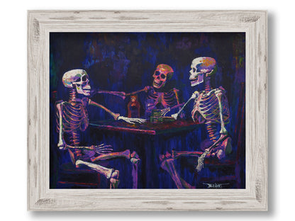 A colorful painting of skeletons sitting around a table, positioned as if having an expressive conversation. Printed on canvas and framed.