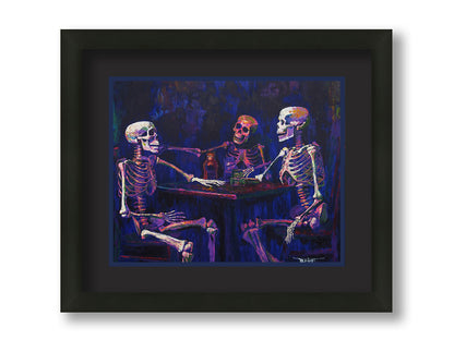 A colorful painting of skeletons sitting around a table, positioned as if having an expressive conversation. Printed on paper, matted, and framed.