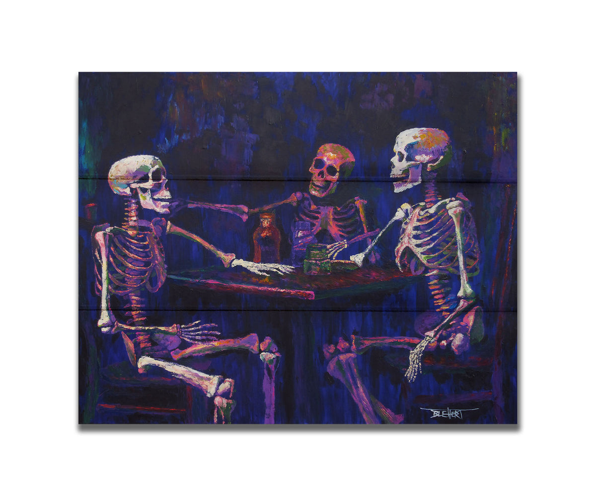 A colorful painting of skeletons sitting around a table, positioned as if having an expressive conversation. Printed on a box board.