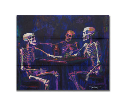 A colorful painting of skeletons sitting around a table, positioned as if having an expressive conversation. Printed on a box board.