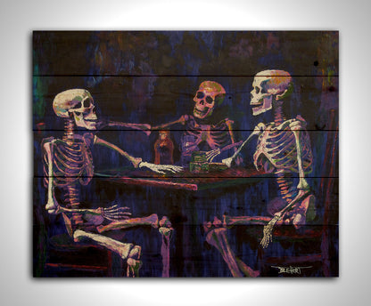 A colorful painting of skeletons sitting around a table, positioned as if having an expressive conversation. Printed on a wood pallet.