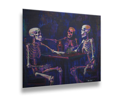 A colorful painting of skeletons sitting around a table, positioned as if having an expressive conversation. Printed on metal.