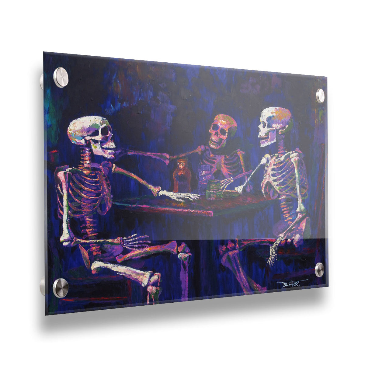 A colorful painting of skeletons sitting around a table, positioned as if having an expressive conversation. Printed on acrylic.