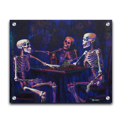A colorful painting of skeletons sitting around a table, positioned as if having an expressive conversation. Printed on acrylic.