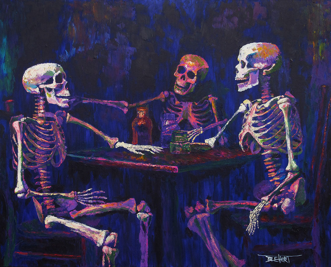 A colorful painting of skeletons sitting around a table, positioned as if having an expressive conversation.