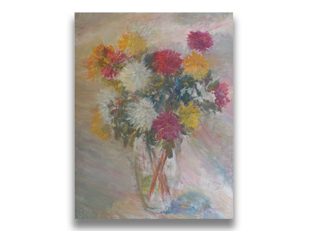 A painting of a glass vase of red, white, and yellow flowers against a soft background. Printed on canvas.