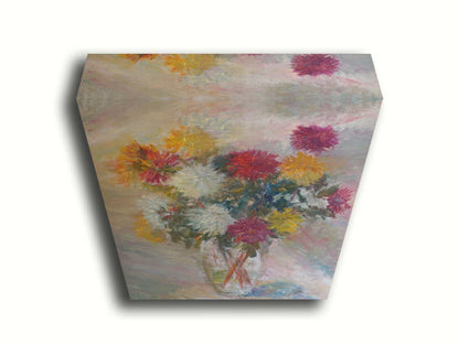 A painting of a glass vase of red, white, and yellow flowers against a soft background. Printed on canvas.