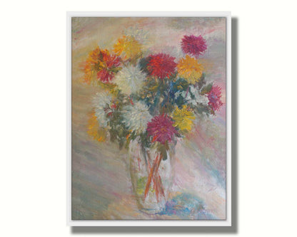 A painting of a glass vase of red, white, and yellow flowers against a soft background. Printed on canvas in a float frame.