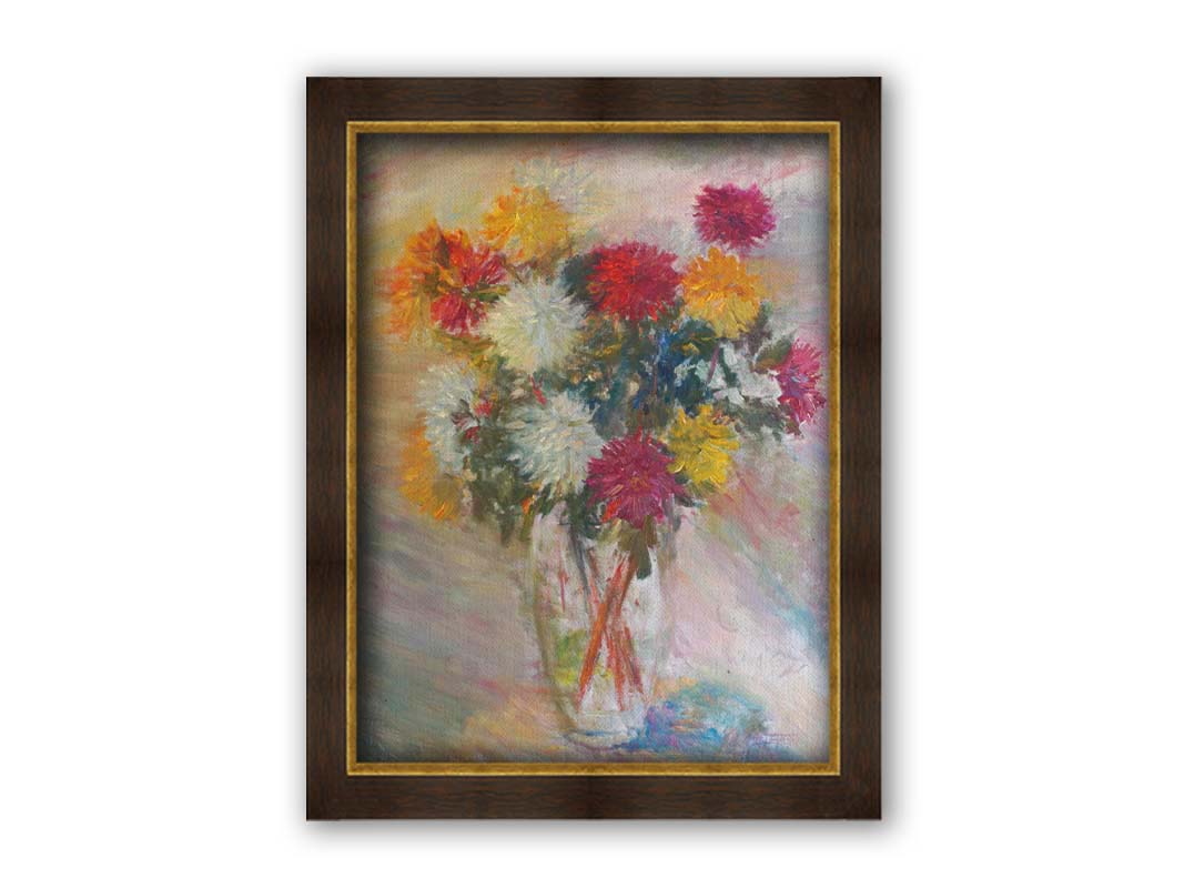 A painting of a glass vase of red, white, and yellow flowers against a soft background. Printed on canvas and framed.