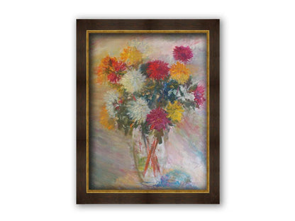 A painting of a glass vase of red, white, and yellow flowers against a soft background. Printed on canvas and framed.