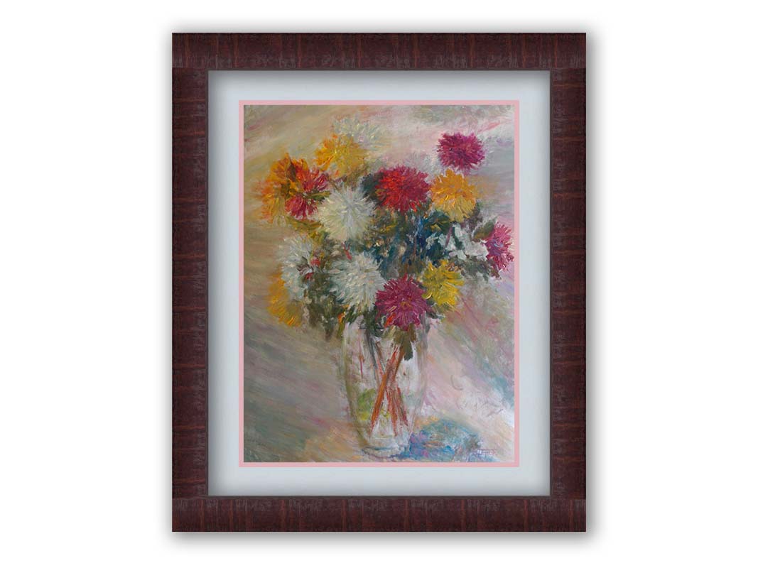 A painting of a glass vase of red, white, and yellow flowers against a soft background. Printed on paper, matted, and framed.