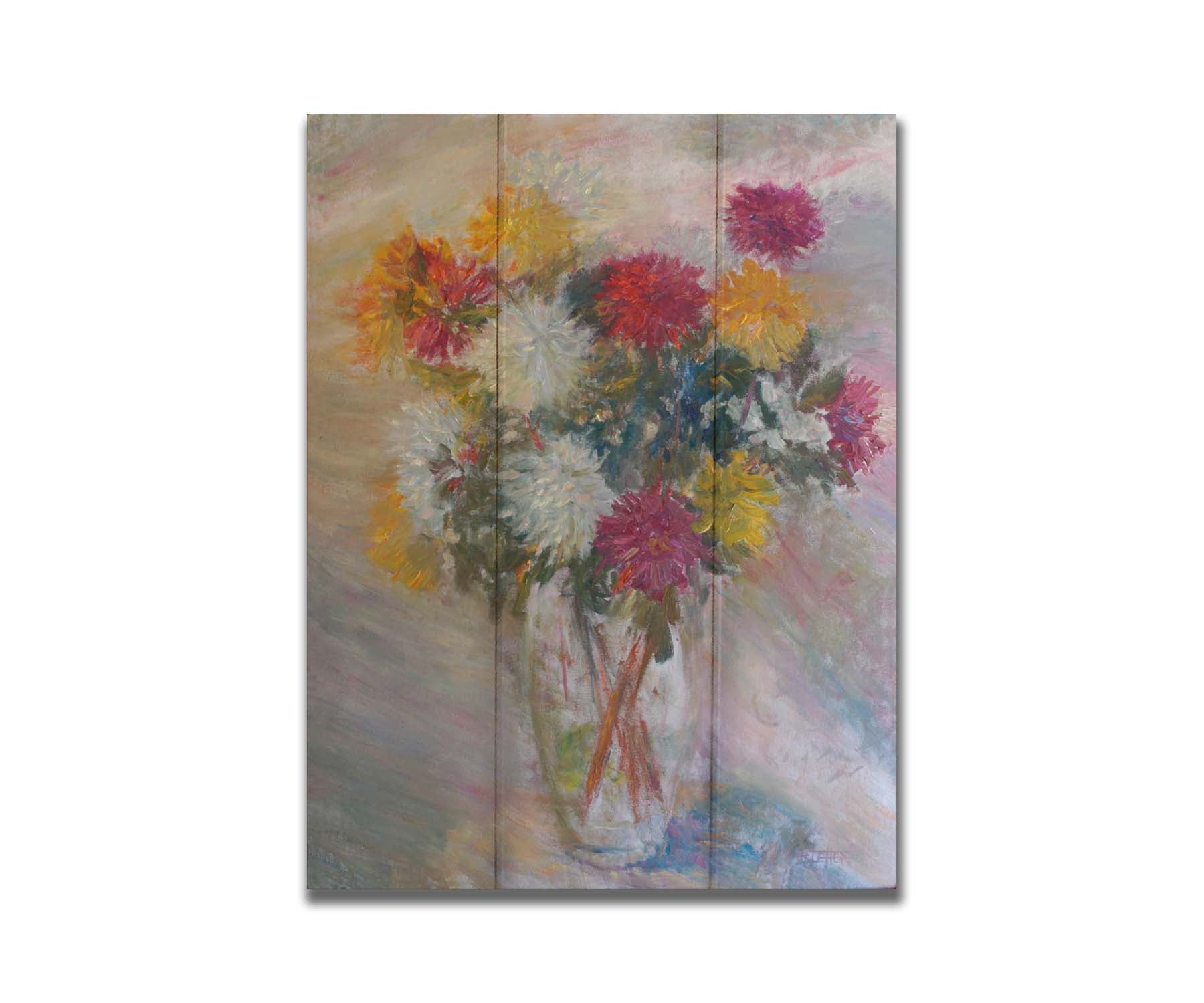 A painting of a glass vase of red, white, and yellow flowers against a soft background. Printed on a box board.