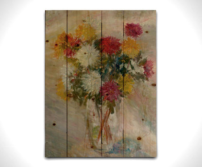 A painting of a glass vase of red, white, and yellow flowers against a soft background. Printed on a wood pallet.