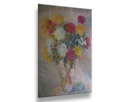 A painting of a glass vase of red, white, and yellow flowers against a soft background. Printed on metal.