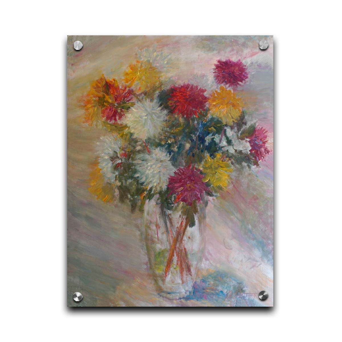 A painting of a glass vase of red, white, and yellow flowers against a soft background. Printed on acrylic.