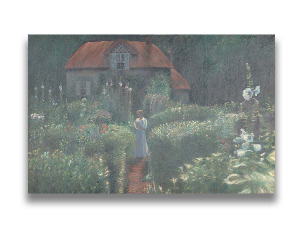 A painting of a person standing in a proliferous garden before a small house. Bushes of flowers in red, blue, white, yellow, and pink fill the scene. Printed on canvas.